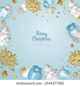 Christmas winter festive composition. Colorful Xmas background realistic 3d decorative design objects, christmas tree, gift boxes, xmas ball, gold confetti. Happy New Year. Vector illustration