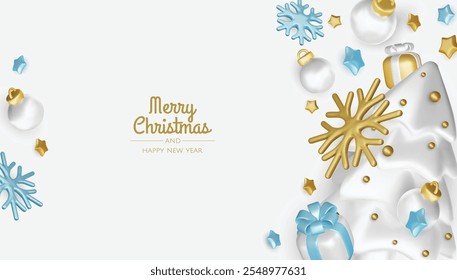 Christmas winter festive composition. Colorful Xmas background realistic 3d decorative design objects, christmas tree, gift boxes, xmas ball, gold confetti. Happy New Year. Vector illustration