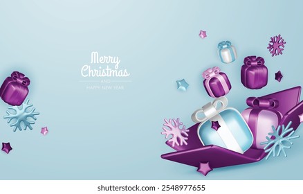 Christmas winter festive composition. Colorful Xmas background realistic 3d decorative design objects, christmas tree, gift boxes, xmas ball, gold confetti. Happy New Year. Vector illustration