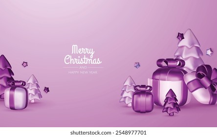 Christmas winter festive composition. Colorful Xmas background realistic 3d decorative design objects, christmas tree, gift boxes, xmas ball, gold confetti. Happy New Year. Vector illustration