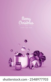 Christmas winter festive composition. Colorful Xmas background realistic 3d decorative design objects, christmas tree, gift boxes, xmas ball, gold confetti. Happy New Year. Vector illustration