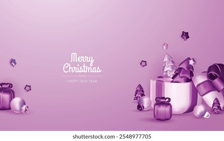 Christmas winter festive composition. Colorful Xmas background realistic 3d decorative design objects, christmas tree, gift boxes, xmas ball, gold confetti. Happy New Year. Vector illustration