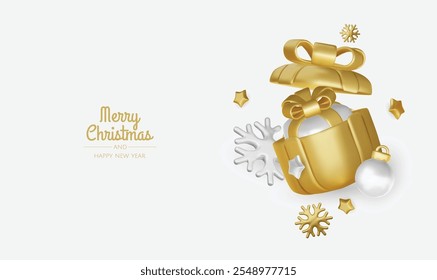 Christmas winter festive composition. Colorful Xmas background realistic 3d decorative design objects, christmas tree, gift boxes, xmas ball, gold confetti. Happy New Year. Vector illustration