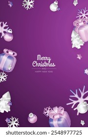 Christmas winter festive composition. Colorful Xmas background realistic 3d decorative design objects, christmas tree, gift boxes, xmas ball, gold confetti. Happy New Year. Vector illustration
