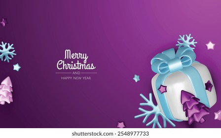 Christmas winter festive composition. Colorful Xmas background realistic 3d decorative design objects, christmas tree, gift boxes, xmas ball, gold confetti. Happy New Year. Vector illustration