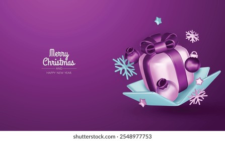 Christmas winter festive composition. Colorful Xmas background realistic 3d decorative design objects, christmas tree, gift boxes, xmas ball, gold confetti. Happy New Year. Vector illustration