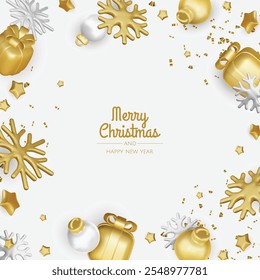Christmas winter festive composition. Colorful Xmas background realistic 3d decorative design objects, christmas tree, gift boxes, xmas ball, gold confetti. Happy New Year. Vector illustration