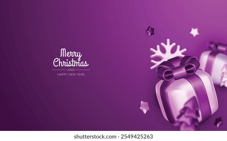 Christmas winter festive composition. Colorful Xmas background realistic 3d decorative design objects, christmas tree, gift boxes, xmas ball, gold confetti. Happy New Year. Vector illustration