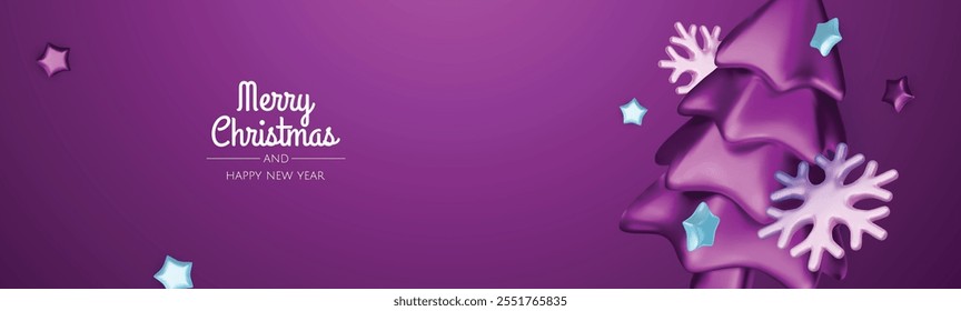 Christmas winter festive composition. Colorful Xmas background realistic 3d decorative design objects, christmas tree, gift boxes, xmas ball, gold confetti. Happy New Year. Vector illustration