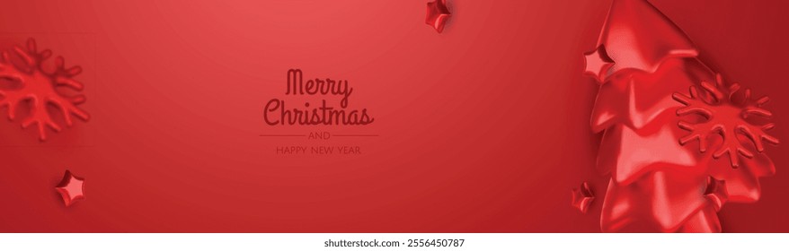 Christmas winter festive composition. Colorful Xmas background realistic 3d decorative design objects, christmas tree, gift boxes, xmas ball, confetti. Happy New Year. Vector illustration