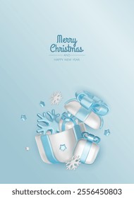 Christmas winter festive composition. Colorful Xmas background realistic 3d decorative design objects, christmas tree, gift boxes, xmas ball, confetti. Happy New Year. Vector illustration