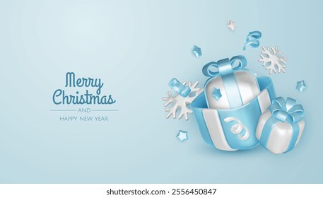 Christmas winter festive composition. Colorful Xmas background realistic 3d decorative design objects, christmas tree, gift boxes, xmas ball, confetti. Happy New Year. Vector illustration