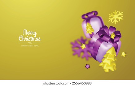 Christmas winter festive composition. Colorful Xmas background realistic 3d decorative design objects, christmas tree, gift boxes, xmas ball, gold confetti. Happy New Year. Vector illustration