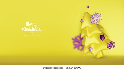 Christmas winter festive composition. Colorful Xmas background realistic 3d decorative design objects, christmas tree, gift boxes, xmas ball, gold confetti. Happy New Year. Vector illustration