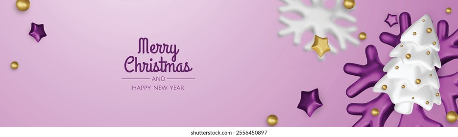 Christmas winter festive composition. Colorful Xmas background realistic 3d decorative design objects, christmas tree, gift boxes, xmas ball, gold confetti. Happy New Year. Vector illustration