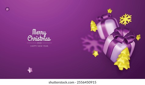 Christmas winter festive composition. Colorful Xmas background realistic 3d decorative design objects, christmas tree, gift boxes, xmas ball, gold confetti. Happy New Year. Vector illustration