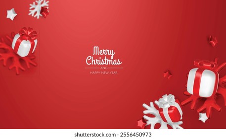 Christmas winter festive composition. Colorful Xmas background realistic 3d decorative design objects, christmas tree, gift boxes, xmas ball, confetti. Happy New Year. Vector illustration