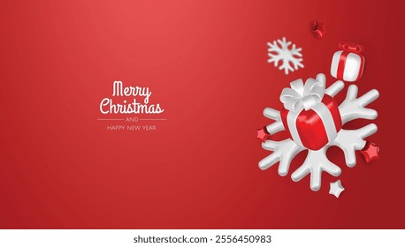 Christmas winter festive composition. Colorful Xmas background realistic 3d decorative design objects, christmas tree, gift boxes, xmas ball, confetti. Happy New Year. Vector illustration