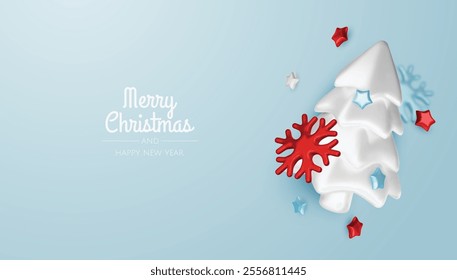 Christmas winter festive composition. Colorful Xmas background realistic 3d decorative design objects, christmas tree, gift boxes, xmas ball, gold confetti. Happy New Year. Vector illustration