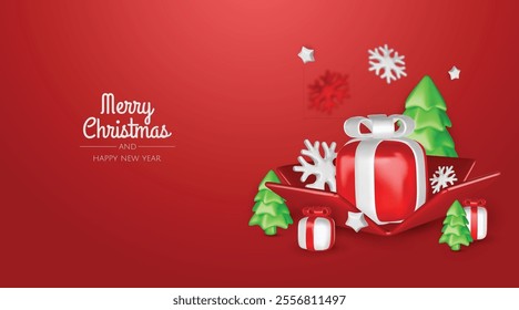 Christmas winter festive composition. Colorful Xmas background realistic 3d decorative design objects, christmas tree, gift boxes, xmas ball, gold confetti. Happy New Year. Vector illustration