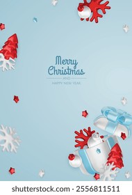 Christmas winter festive composition. Colorful Xmas background realistic 3d decorative design objects, christmas tree, gift boxes, xmas ball, gold confetti. Happy New Year. Vector illustration