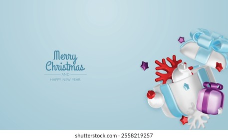 Christmas winter festive composition. Colorful Xmas background realistic 3d decorative design objects, christmas tree, gift boxes, xmas ball, gold confetti. Happy New Year. Vector illustration