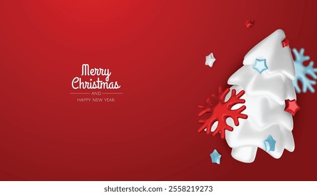 Christmas winter festive composition. Colorful Xmas background realistic 3d decorative design objects, christmas tree, gift boxes, xmas ball, gold confetti. Happy New Year. Vector illustration