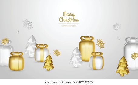 Christmas winter festive composition. Colorful Xmas background realistic 3d decorative design objects, christmas tree, gift boxes, xmas ball, gold confetti. Happy New Year. Vector illustration