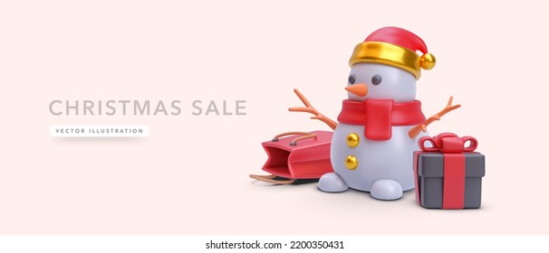 Weihnachtsfest-Komposition. Realistische 3D-Objekte Schneemann, Geschenk- und Einkaufstasche. Urlaubskarte, Banner, Webposter. Vektorgrafik