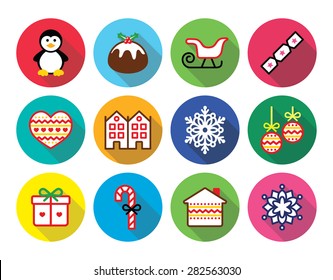 Christmas, winter flat design icons - penguin, Christmas pudding