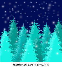 Christmas winter flat landscape background. Spruce  forest under the stellar snowfall. New Year vector scene.