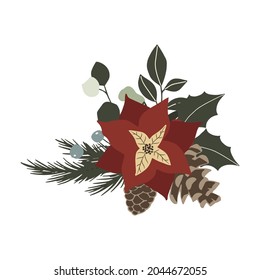 Christmas winter floral bouquet with poinsettia, spruce branches, pine cones and green leaves. Vector illustration in hand drawn cartoon flat style
