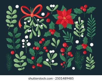 Christmas and winter floral collection on dark background. Set of poinsettia, leaves, branches, berries, holly. Christmas botanic elements for invitations, cards, textile, fabric, posters, banners.