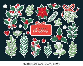 Coleção acolhedora floral de Natal e inverno. Conjunto desenhado à mão de poinsettia, folhas, ramos, bagas, azevinho. Embalagem adesiva estilo desenhado à mão em um fundo azul escuro com um quadro branco.