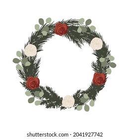 Christmas winter floral frame and wreath with red and white roses, spruce branches and berries. Vector illustration in hand drawn cartoon flat style