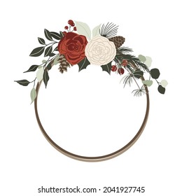 Christmas winter floral frame and wreath with red and white roses, spruce branches and berries. Vector illustration in hand drawn cartoon flat style