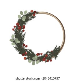 Christmas winter floral frame and wreath with spruce branches, eucalyptus and berries. Vector illustration in hand drawn cartoon flat style 