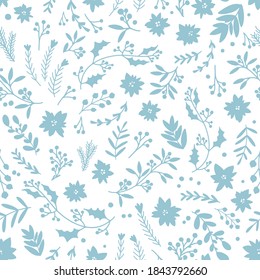 Christmas winter floral seamless pattern. Vector illustration in a childish hand-drawn Scandinavian style. The pastel palette is ideal for printing packaging, fabrics, textiles
