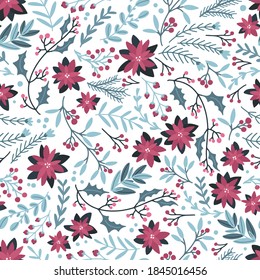 Christmas winter floral seamless pattern. Vector illustration in a childish hand-drawn Scandinavian style. The pastel palette is ideal for printing packaging, fabrics, textiles