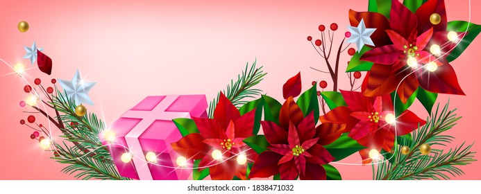 Christmas winter floral vector background with red poinsettia, gift box, fir branches, stars. X-mas holiday banner with seasonal plants, garland lights, berries. Poinsettia background with copy space