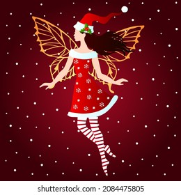 Christmas winter flying fairy, vector illustration.