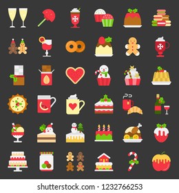 christmas and winter food icon set 1 such as wine,strawberry fondue, christmas cake decoration with mistletoe