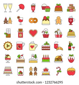 christmas and winter food icon set 1 such as wine,strawberry fondue, christmas cake decoration with mistletoe