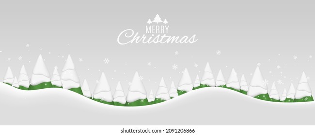 Christmas winter forest background. Cartoon 3d fir tree with falling snowflakes. Christmas snowy forest. Happy new year cover. Vector illustration. EPS 10