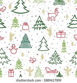 Christmas Winter Forest Snow Seamless Pattern With Holiday Icons.