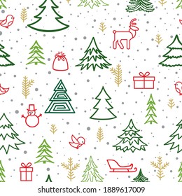 Christmas winter forest snow seamless pattern with holiday icons.