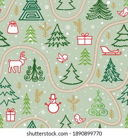 Christmas Winter Forest Snow Seamless Pattern With Holiday Icons And Different Christmas Trees.