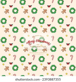 Christmas winter forest snow seamless pattern with holiday icons.