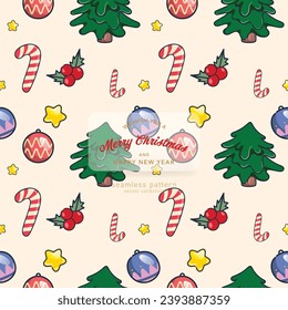 Christmas winter forest snow seamless pattern with holiday icons.