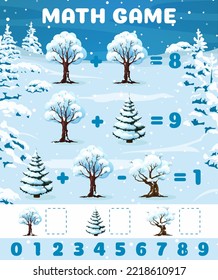 Christmas Winter Forest, Snowy Trees Math Game Worksheet. Kids Education Vector Puzzle Quiz With Xmas Tree Equation Tasks. Preschool And Kindergarten Counting Game On Winter Forest Nature Background